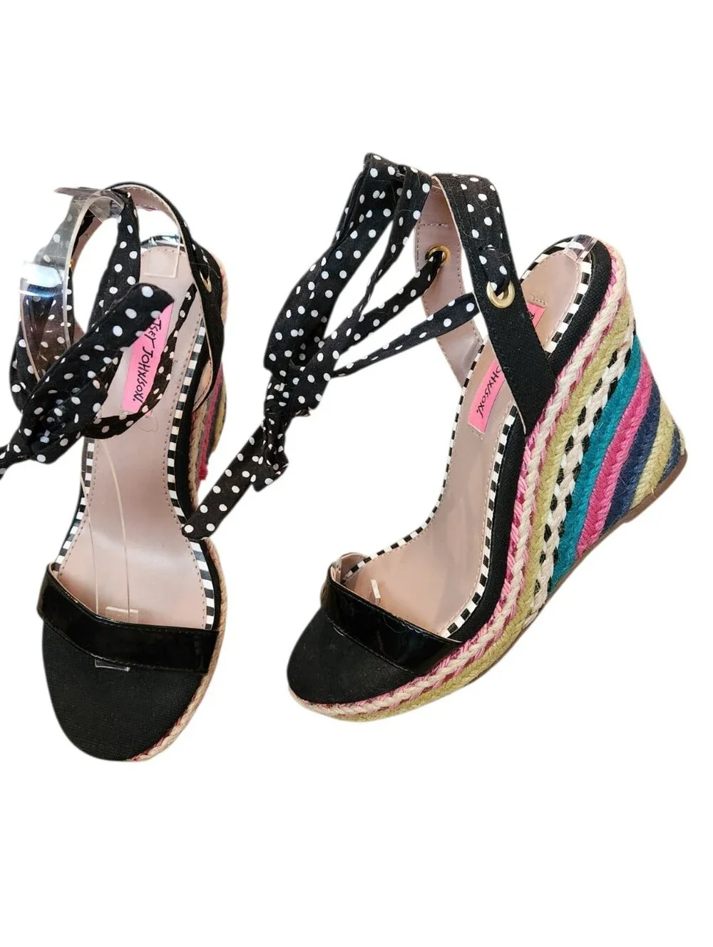 Betsey Johnson Pima Polka Dot Rainbow Wedge Espadrille Sandal Size 7.5 Retro